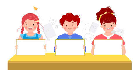 Happy children holding blank sign, boys and girls sitting by the desk in classroom with white cardboard. Homeschooling, learning and educational concept. Back to school. Flat vector illustration.