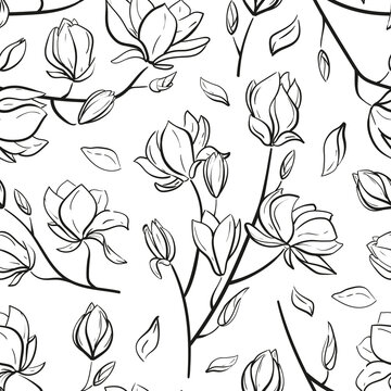 Vector seamless pattern with graphic image of magnolia branchs 