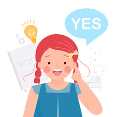 Girl pointing with thinking process. Get idea and study at school or homeschooling. Point finger at lightbulb. Creative learning. Flat vector illustration isolated on white background.