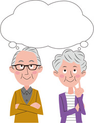 シニア夫婦が吹き出しで何かを想像（計画）しています