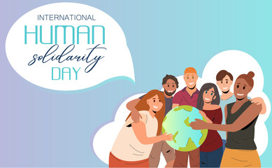 International Human Solidarity Day illustration of diverse friend group from different cultures hugging together for social help, global equality concept.