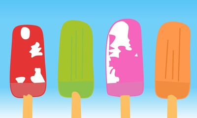 illustration of ice cream with different colors and flavors on a sky blue background.  summer