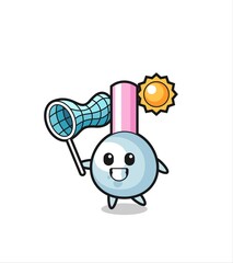 cotton bud mascot illustration is catching butterfly