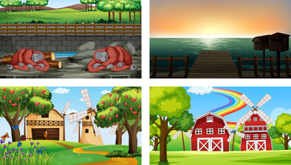 Four different scenes with various animals cartoon character