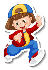 Sticker template with a girl in walking posing cartoon character isolated