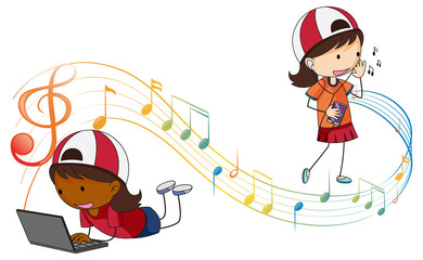 Doodle cartoon character of girls listening music with musical melody symbols