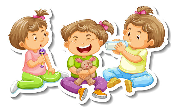 Sticker template with three baby girls cartoon character isolated