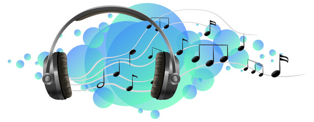 Headphone listening device with music melody on blue splotch
