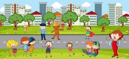 Outdoor scene with many kids playing in the park