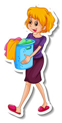 A sticker template with a woman holding clothes basket