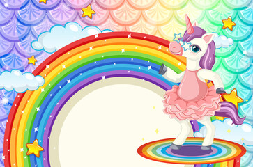 Obraz premium Rainbow banner with cute unicorn on colourful fish scales background
