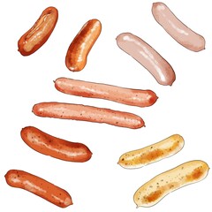 手描き鉛筆水彩・５種類のウインナーイラストセット