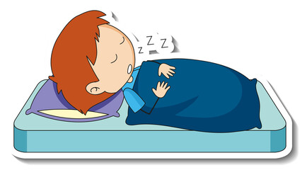 Sticker template with a boy sleeping on the bed isolated