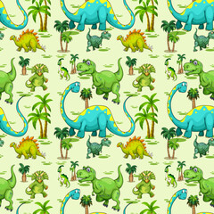 Seamless pattern with various dinosaurs and tree on green background
