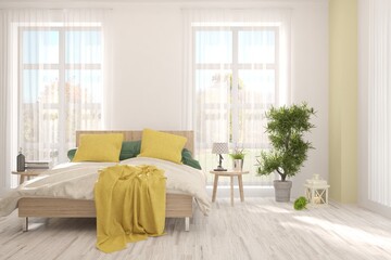 Soft color bedroom interior. Scandinavian design. 3D illustration
