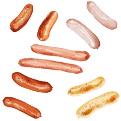 手描き水彩・５種類のウインナーイラストセット