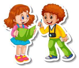 Sticker template with a couple kids cartoon character isolated