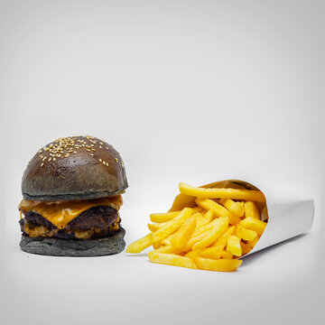 Black Burger and French Fries 
