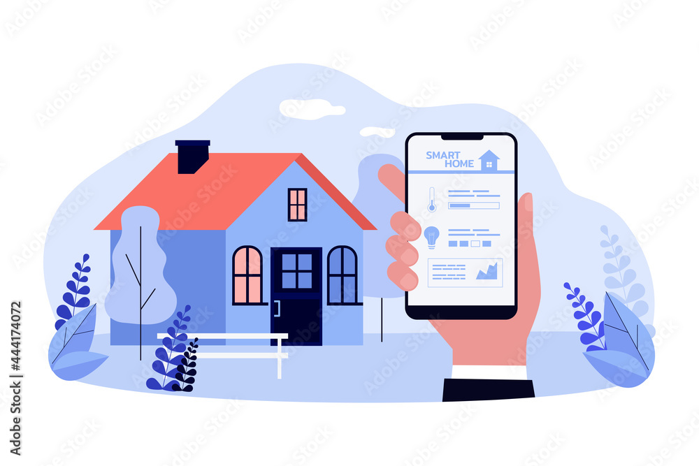 Poster remote control of smart home flat vector illustration. hand holding smartphone with app for controll