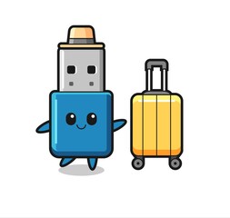 flash drive usb cartoon illustration with luggage on vacation