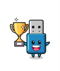 Cartoon Illustration of flash drive usb is happy holding up the golden trophy