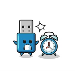 Cartoon Illustration of flash drive usb is surprised with a giant alarm clock