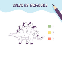 Coloring page with cute dinosaur. Color by numbers. Educational kid game, drawing childrens activity, printable worksheet.