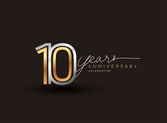 10th years anniversary logotype with multiple line silver and golden color isolated on black background for celebration event.