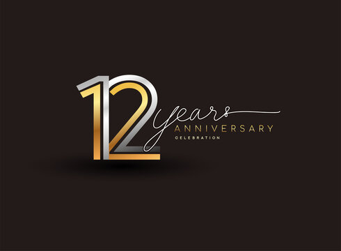 12th years anniversary logotype with multiple line silver and golden color isolated on black background for celebration event.