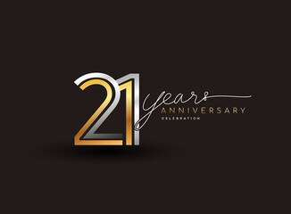 21st years anniversary logotype with multiple line silver and golden color isolated on black background for celebration event.