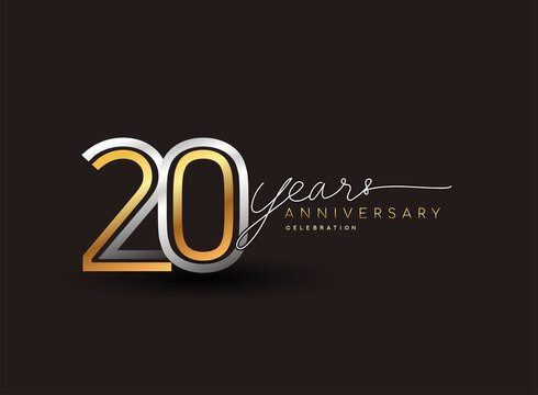 20th years anniversary logotype with multiple line silver and golden color isolated on black background for celebration event.