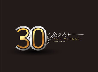 30th years anniversary logotype with multiple line silver and golden color isolated on black background for celebration event.