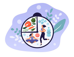 vector illustration on the topic of intermittent fasting, weight loss, proper nutrition. watch face with products and activities for the sport. trend illustration in flat style