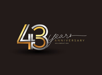 43rd years anniversary logotype with multiple line silver and golden color isolated on black background for celebration event.