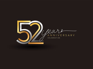 52nd years anniversary logotype with multiple line silver and golden color isolated on black background for celebration event.