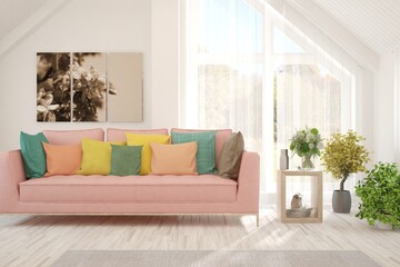 Obraz premium White living room with sofa. Scandinavian interior design. 3D illustration