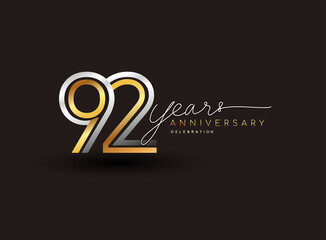 92nd years anniversary logotype with multiple line silver and golden color isolated on black background for celebration event.