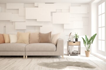 White living room with sofa. Scandinavian interior design. 3D illustration