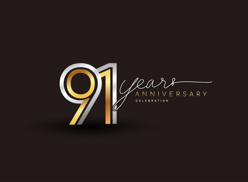 91st years anniversary logotype with multiple line silver and golden color isolated on black background for celebration event.