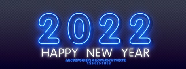 Neon greeting lettering happy new year 2022 on dark festive background with neon alphabet. Eps 10 vector illustration