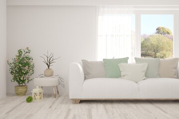 Stylish room in white color with sofa and autumn landscape in window. Scandinavian interior design. 3D illustration