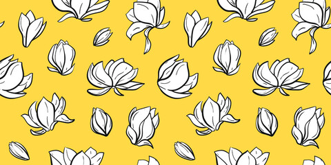 Bright vector seamless pattern with graphic image of white magnolia flowers on mustard yellow  background