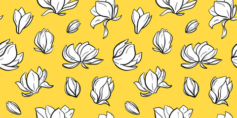 Bright vector seamless pattern with graphic image of white magnolia flowers on mustard yellow  background © Tanya Deetz