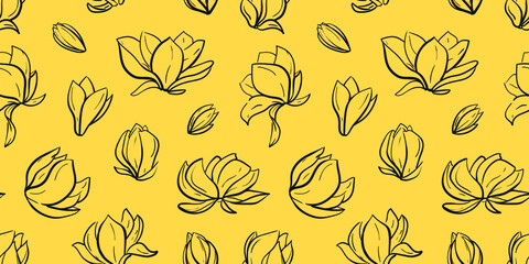 Bright vector seamless pattern with graphic image of magnolia flowers on mustard yellow  background