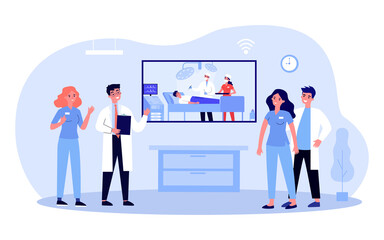 Medical staff watching video of operation. Flat vector illustration. Doctors and nurses watching live broadcast of operation. Education, modern technology, medicine, hospital, treatment concept