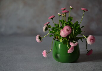 Bouquet of pink daisies in a green mug.