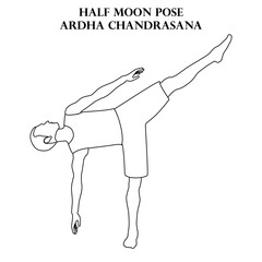 Half moon pose yoga workout. Ardha Chandrasana. Man doing yoga illustration outline