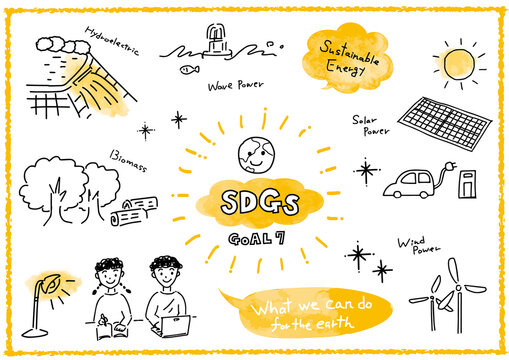 SDGs 目標7「エネルギーをみんなにそしてクリーンに」イメージ線画セット