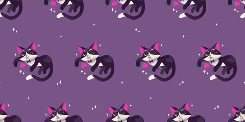 Vector seamless pattern with a cat in love for Valentine's day. Cute cat character holds a pink rose. Seamless background with love theme for gift paper, wrapping paper, wallpapers, textiles, etc.