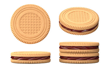 Realistic 3D illustration of white cookies with chocolate filling from different sides on white background